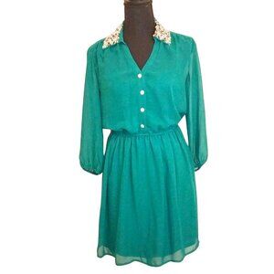 AMERICAN RAG CIE GREEN LONG SLEEVE MIDI DRESS W/ BEADED & PEARL COLLAR - SIZE S